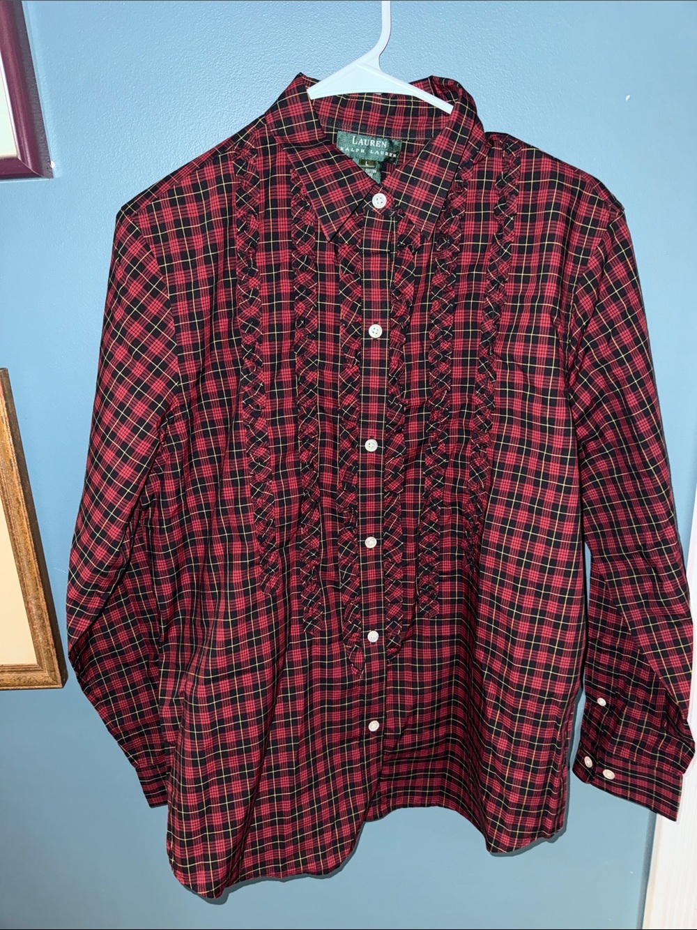 Lauren Ralph Lauren Red & Black Plaid Ruffle-Trim Button-Down Top